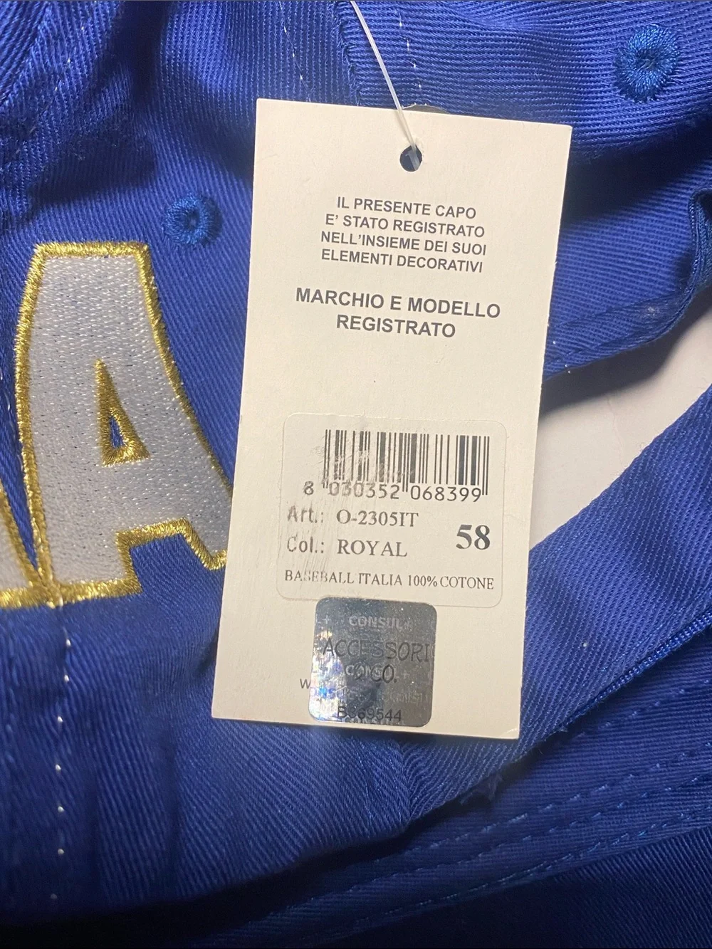 ITALIA Baseball Royal Blue Cap  adjustable size 58 NWT